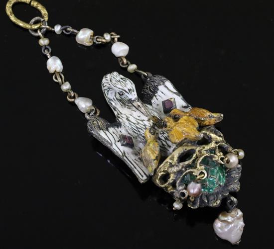 An Austro-Hungarian, 16th century-style silver gilt, baroque pearl and enamel pendant, formed as a heron with its young,